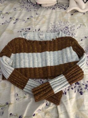 BDG Cropped Ribbed Crewneck Sweater in Light Blue & Brown
